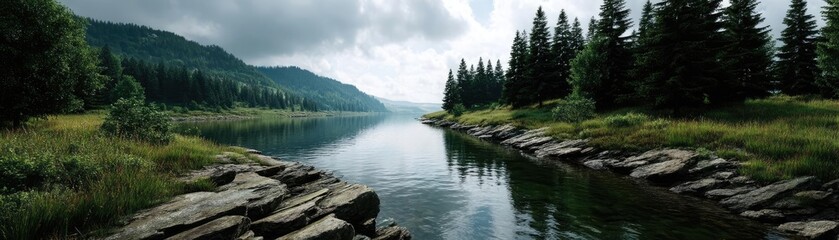Scenic view of lake in pine forest with summer growth concept. Serene landscape with a calm river surrounded by lush greenery.