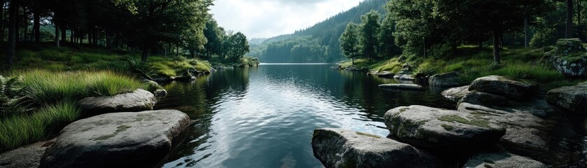 Scenic view of lake in pine forest with summer growth concept. Serene landscape featuring a calm lake surrounded by lush greenery.