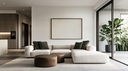Fototapeta premium Modern living room with neutral tones, large windows, green plant, minimalist decor, and cozy seating.