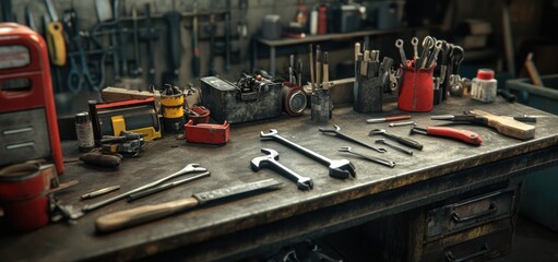 Fototapeta premium Worn workbench covered with various tools