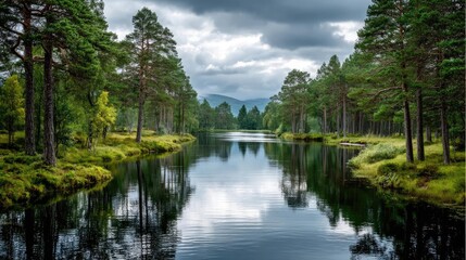Fototapeta premium Scenic view of lake in pine forest with mountain and park concept. Serene lake surrounded by trees under a cloudy sky.