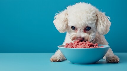 Adorable small white dog enjoying a bowl of fresh food
