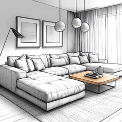 Interior design sketch of a modern living room.