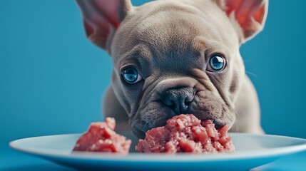 Cute French Bulldog Puppy Eating Raw Meat on Blue Background