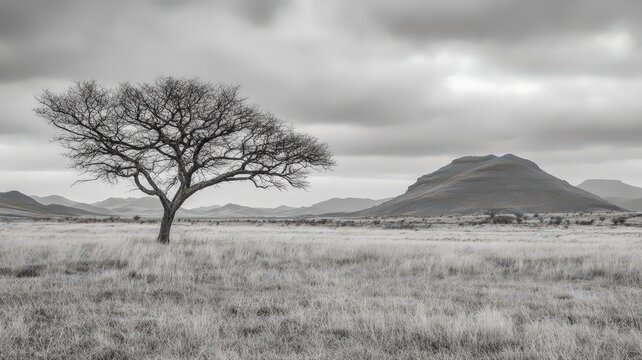 Lonely Tree Standing in Vast Grassy Field Under Dramatic Cloudy Sky in Monochrome Landscape - Powered by Adobe