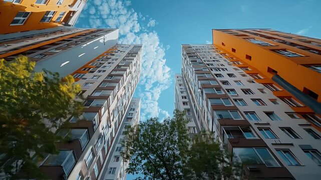 View From Ground Level of Orange and Gray Buildings with Blue Sky and Scattered Clouds and Green Trees Framing the Edges in Outdoor Setting