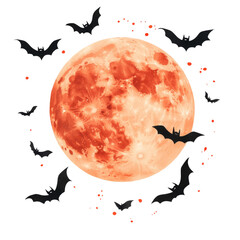 Eerie bats flapping around a full moon halloween theme watercolor art transparent background spooky atmosphere