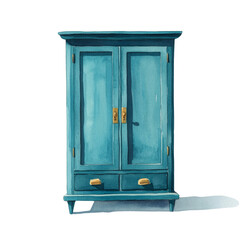 Vintage blue wardrobe home decor watercolor design transparent background artistic style
