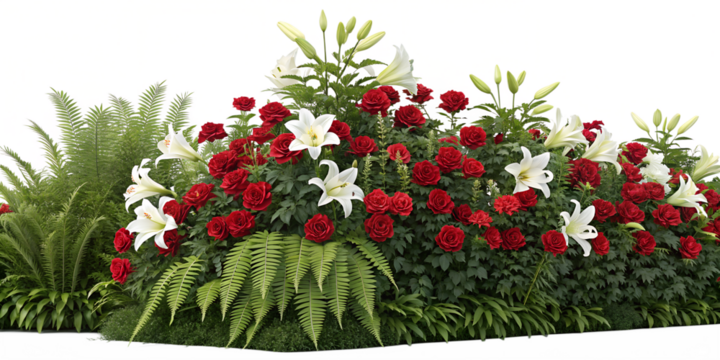 Tropical flowerbed with hibiscus, orchids, and palm leaves in bright pink and yellow on transparent background

