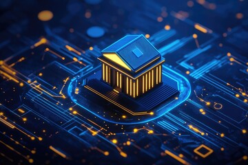 Digital bank icon on glowing circuit board