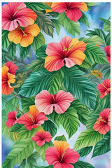 Fototapeta premium Tropical Hibiscus Branch with Watercolor Texture – Summer Vibe Overlay