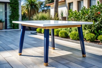 Gigapixel Architectural Photography: Navy Blue & White Table, High-Resolution Interior Design Image, Modern Furniture, Detailed Texture