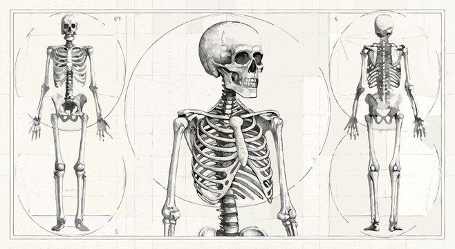 Detailed anatomical illustration of a skeleton in various views.