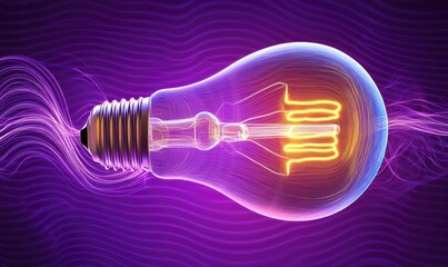 Illuminated lightbulb, swirling purple background