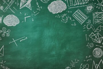 Chalkboard filled with various sketches, diagrams, and symbols