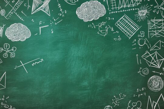 Chalkboard filled with various sketches, diagrams, and symbols