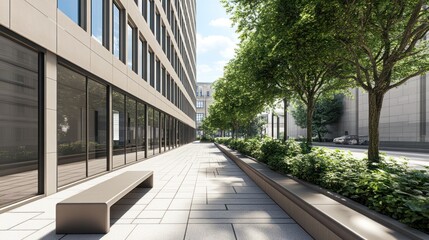 Modern city walkway, trees, sunlight, building.  Urban design, architectural visualization