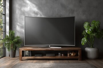 Fototapeta premium Modern living room with tv and plants. Mockup