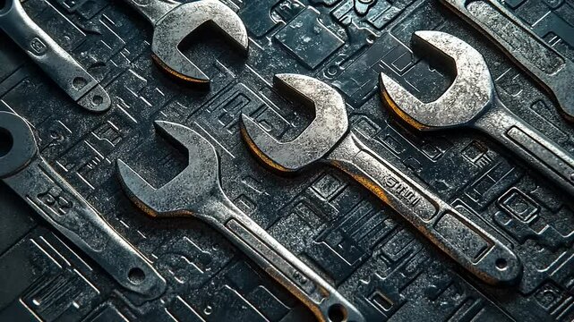 Close-up of metallic wrenches arranged on a textured surface, highlighting craftsmanship and utility