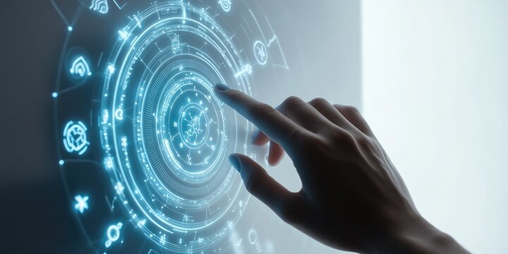 Hand interacting with a holographic interface displaying constellations and symbols