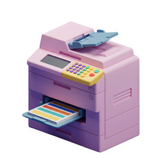 Pastel-colored printer with colorful paper. Ready to print! 3D icon, plastic illustration style on transparent or white background