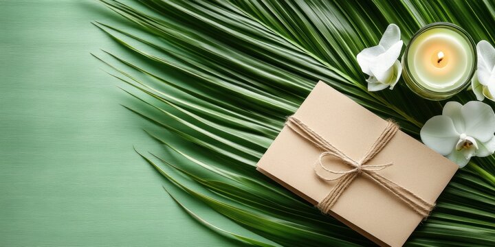 Elegant spa gift certificate with candle and orchids on palm leaf background for relaxation and wellness promotions - Powered by Adobe