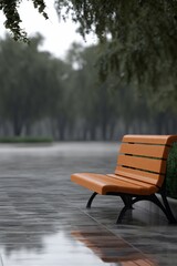 Fototapeta premium A solitary orange bench in a misty park