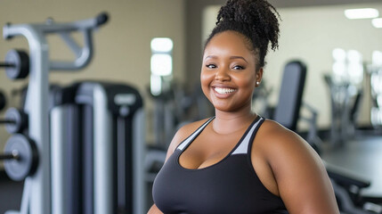 Plus size woman lifting dumbbells and training indoors at the gym, showcasing strength and determination. Generated image