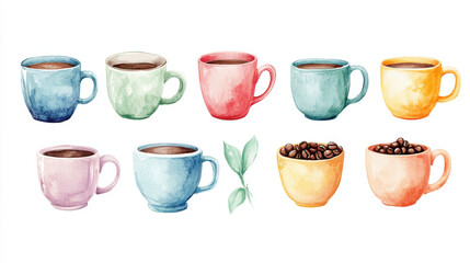 Artistic set of coffee beans and coffee cup drinks isolated on brown background,hand-drawn ,hot coffee drinks,cafe shop,modern flat design,Fashionable and cute coffee motif concept.