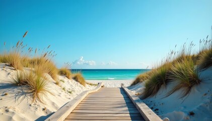 Serene wooden boardwalk leading to sandy dune beach with clear blue sky background, path, dune, beach