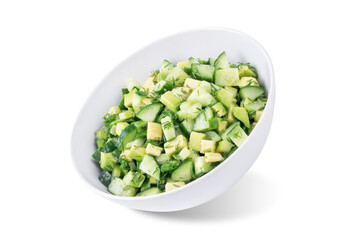 Avocado cucumber salad in a bowl on a white isolated background
