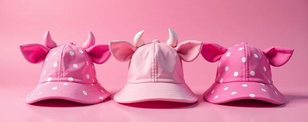 Fototapeta premium Set of trendy pink cowoh hats with bows and polka dots, headwear, cap, whimsical