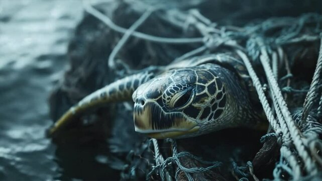 A sea turtle entangled in fishing nets, highlighting marine life struggles and the impact of pollution.