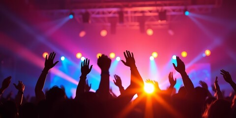 Silhouetted figures joyfully raise hands in celebration at a vibrant event, concert, celebration