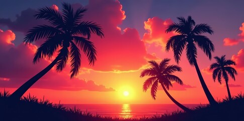 Obraz premium Silhouette of palm trees against colorful sunset sky, tropical, sunset, vibrant