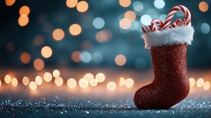 Christmas Winter Holiday seasonal Close up of a Christmas stocking filled with candy canes and small gifts, festive and cheerful holiday atmosphere