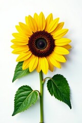 Obraz premium Single sunflower with large bloom and green leaves, top view, petals, flat lay, yellow