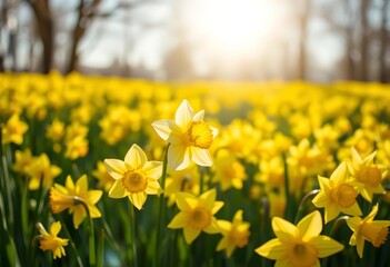 Obraz premium Single white daffodil blooms amidst a field of yellow daffodils under the spring morning sun, yellow, sunshine