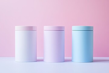 Three pastel-colored cylindrical containers stand on a light-purple surface against a pink background