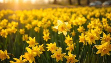 Obraz premium Single white daffodil blossoms amidst a field of yellow daffodils under the spring morning sun, flowering, sunlight