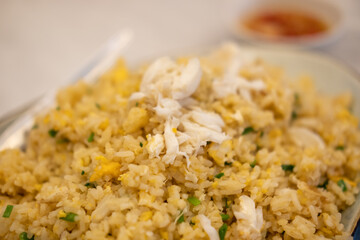 Fried rice with crab served on plate