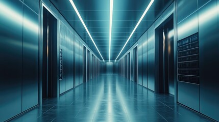 Fototapeta premium Futuristic metal hallway with glowing lights.