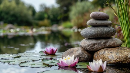 A beautiful pond with a few rocks and a few pink flowers