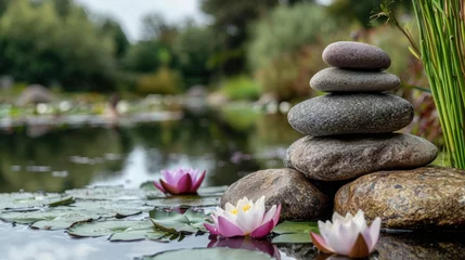 A beautiful pond with a few rocks and a few pink flowers