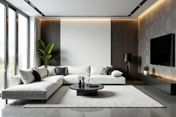 Fototapeta premium Sleek and minimalist living room with monochrome color palette and geometric furniture, interior, home, luxury