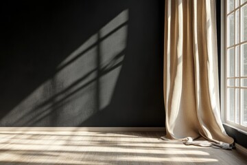 Sunlit room corner with beige drapes