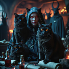 woman with black cats on halloween