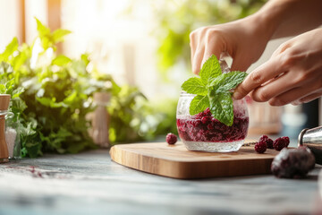 Hands Muddling Berries with Fresh Mint for Kombucha Cocktail