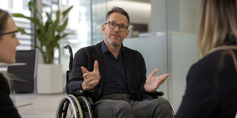 A diverse group of office workers, including a person in a wheelchair, discussing business moments in a modern office setting. Generated image