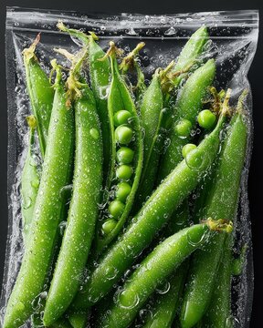 Naklejki Wet Sugar Snap Peas in Vacuum-Sealed Bag: Close-Up of Fresh Green Pods and Peas Under Tight Transparent Packaging with Water Droplets